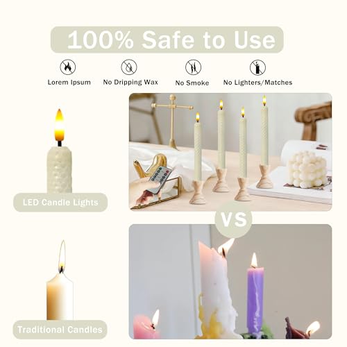 Image of Beeswax Honeycomb Flameless LED Taper Candles, 9.5 Inch Flickering Wax Candles with Remote & Timer, White Battery Operated Dripless Tapered Candle for Home Wedding Decor, 4 Pack