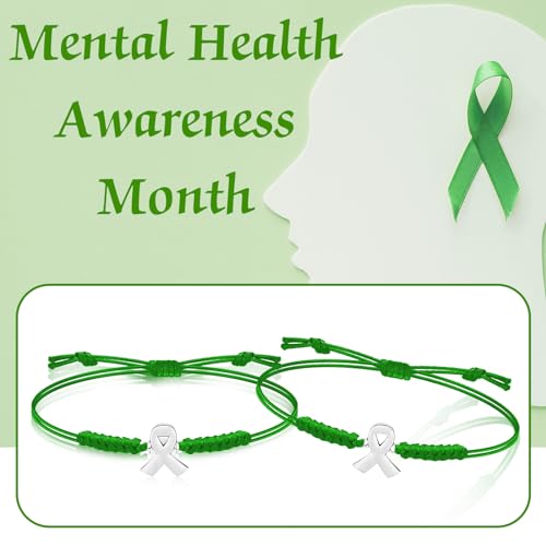 Sasylvia 20/50 Pcs Mental Health Awareness Bracelet Green Ribbon Bracelets Adjustable Green Ribbon Wristbands Unisex for Men Women Mental Health Awareness Month Gifts for Men Women