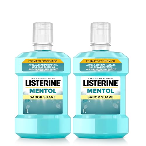 Listerine Mentol Sabor Suave (2 x 1 L), enjuague bucal con flúor y 0% alcohol, colutorio encías con 24 h de protección, enjuague bucal sin alcohol para un aliento fresco