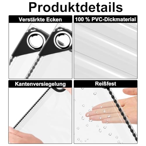 Abdeckplane Wasserdicht, Reißfest Transparent Plane mit Ösen, 0.3mm Dick Multifunktionale PVC Schutz Abdeckung, für Auto, Camping, Gartenmöbel, mit Seil und Kabelbindern, 420g/m² (1X2M)