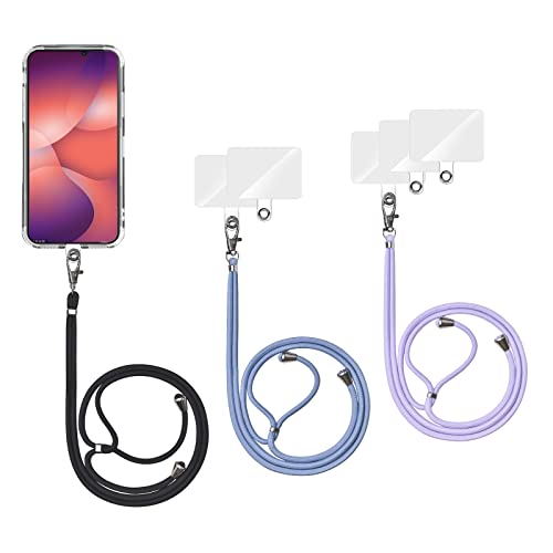 Olliwon 3 Pièces Tour de Cou Telephone Universelle Cordon de Collier avec 6 Patchs, Longe Porte-clés Lanière Compatible avec Coque de Téléphones Portables pour Smartphone (Noir+Bleu Clair+Lavande)