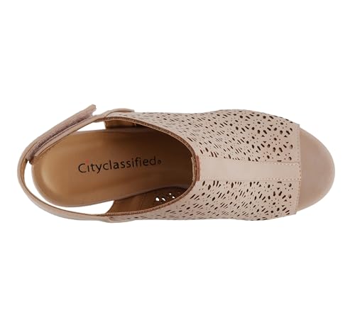 Image of CITYCLASSIFIED inchElect inch ~ Women's Peep Toe Laser Cut Geometric Caged Slingback Ankle Strap Low Stacked Heel Ankle Bootie