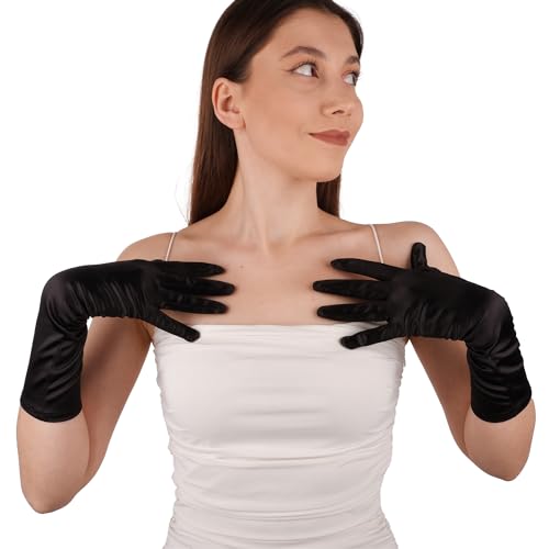 LIMELIA Handmade Satin Formal Gloves for Women, Black, Medium (14 Inches)3