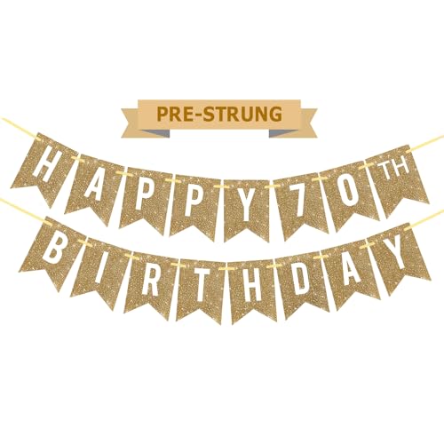 Netnology Pre-Strung Gold Happy 70th Birthday Banner Decorations 12 ft No DIY Gold Glitter 70th Birthday Party Banner Sign Decor for Women Men Girl Boy Party Supplies