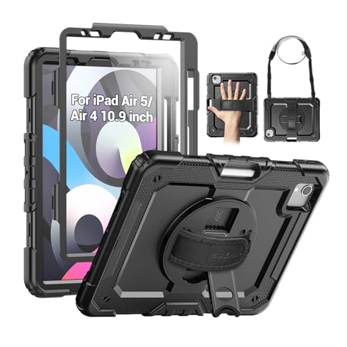 SEYMAC Case for iPad Air 5th/ 4th Generation 10.9 Inch, Full-Body Shockproof Protective Case with Screen Protector, Rotating Stand/Handle/Shoulder Strap/Pencil Holder for iPad Air 5/ Air 4, Black