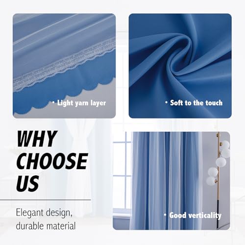 Image of Anytime Double Layer Blackout Curtains 2 Panels,52Wx120L, Blue | Sheer And Fabric Window Drapes Grommet Top Solid Color Bedroom Living Room Home Decor