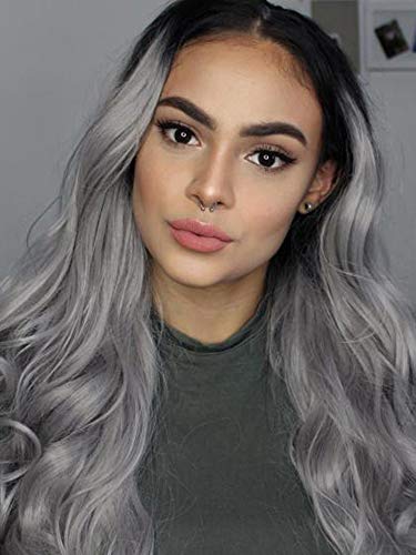1B/Grey Ombre Lace Front Synthetic Wig for Women, 22 Inches Long Wavy Natural Dark Root to Silver Gray 2 Tones Right Side Parting Hand Tied Hairline Heat Resistant Replacement Wig (ombre gray)
