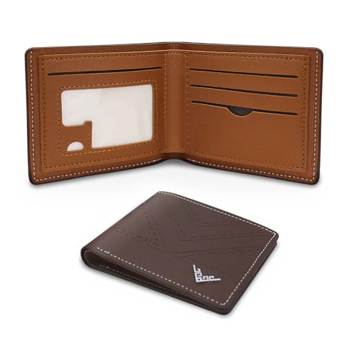 Mens Wallet, Flip Up Leather Wallets for Men with V-Shaped Pattern, Classical Credit Card Holder with Double-Layer Cash Compartments and 4 Card Slots (Brown)