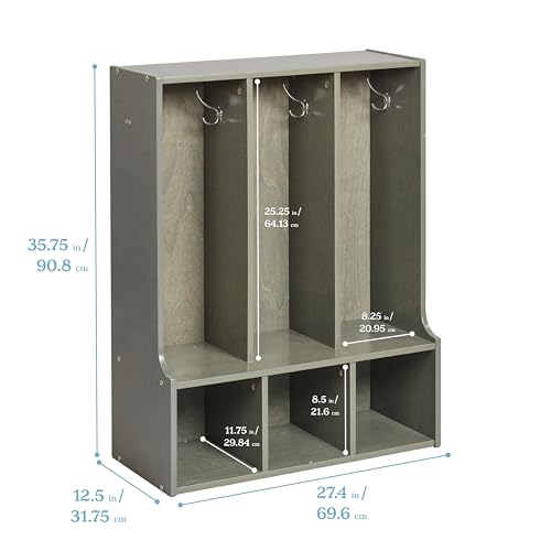 Image of ECR4Kids Streamline 3-Section Toddler Coat Locker with Bench, Classroom Furniture, Grey Wash