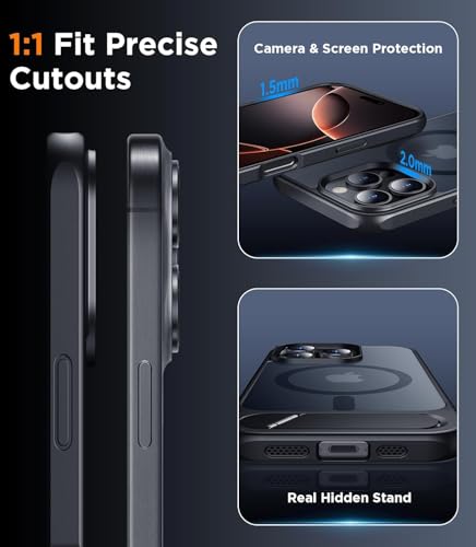 Image of Elzzi Magnetic Cover Compatible For iPhone 16 Pro Case with Adjustable Metal Kickstand, Compatible with Mag-Safe Translucent Matte Protective Phone Shockproof Case, Black