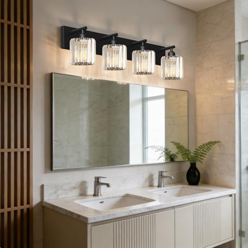 Image of Black Crystal Bathroom Vanity Light, 4-Light Modern Bathroom Lighting Fixtures Over Mirror, Matte Black Wall Sconce Light Fixtures with Round Shade
