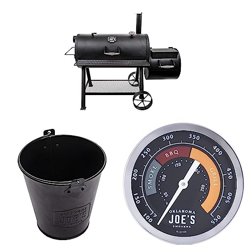 Oklahoma Joe's Longhorn Reverse Flow Smoker, Black & 9518545P06 Drip Bucket, Black & 3695528R06 Temperature Gauge, Silver