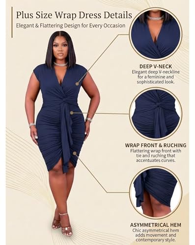 Image of IyMoo Women's Sexy Plus Size Bodycon Sleeveless Drawstring Ruched Mini Club Dresses