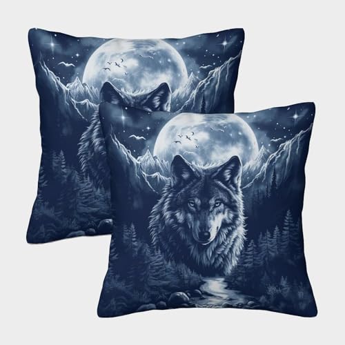 FELASBUID Le Loup au Clair de Lune Housse Coussin Lot De 2 Animaux Canapé Taie d'oreiller DecoSourisif Housses De Coussin pour Canapé LiterieCanapé 45x45cm
