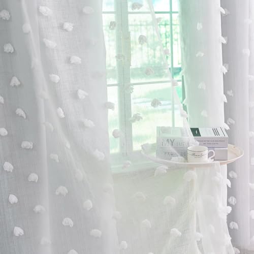 Image of Graylish White Pom Pom Curtains for Nursery Bedroom 52x54 Inch | Soft Boho Room Darkening Drapes, Grommet Privacy Double Layer Curtains for Living Room, Girls &Toddler room Decor, 2 Panels
