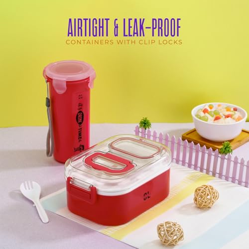 Image of 3 Compartment Lunch Box with 1 Lid Box & Water Bottle Combo | Spoon Fork Included | Leak Proof Lock Mechanism | Microwave Dishwasher & Freezer Safe for Kids & Adults