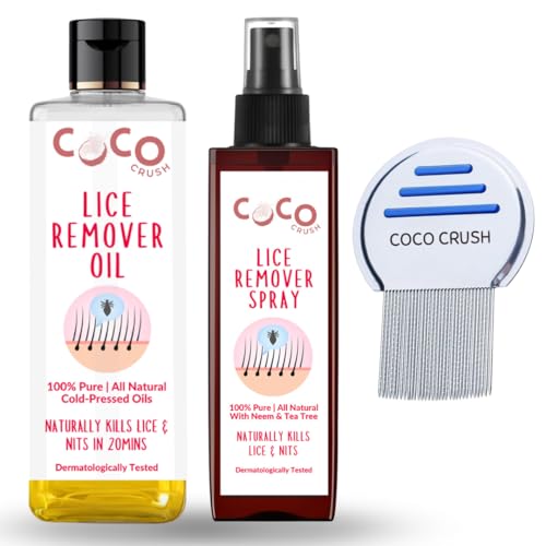 Image of Coco Crush Ayurvedic Lice Removal Oil, Lice Hair Spray & Lice Comb | 100% Natural | Kills Lice, Eggs & Nits in 20 Minutes | Easy & Safe for Kids (2 * 50ml + comb) (100ml)