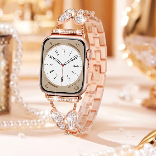 Image of Butterfly Band for Apple Watch Bands 44mm 45mm 46mm Rose Gold | Series 11 10 9 8 7 6 5 4 3 iWatch SE Ultra Band for Women, Slim Thin Metal Fancy Bling Cute Dressy Strap for Apple Watch Band