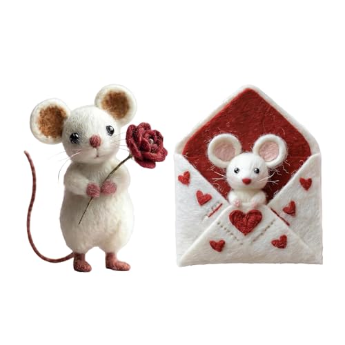 2PC Valentines Needle Felted Mouse Decorations, Hugging Heart Felt Mouse Ornaments Tiered, Charming Handmade Valentine Felt Mice Figurines, Soft Felt Mouse for Festive Home Décor (D)