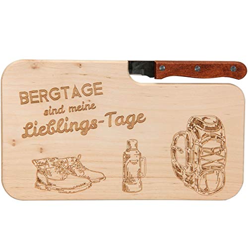 Spruchreif | Holz- Brotzeitbrett mit Messer und Gravur „Bergetage sind meine Lieblingstage“ | Geschenkidee für Wanderer & Outdoor-Fans | Perfekt für Frühstück & Brotzeit unterwegs