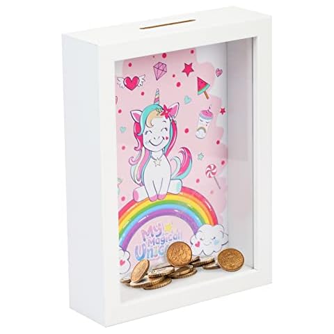 DKINY Unicorn Money Box Bank Saver with White Wooden Frame Clear Cute Cartoon Unicorn Picture Coins Fund Saving Box for Easter Kids Chrildren Adults Cover