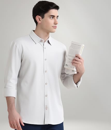 Image of TURMS Men's Solid Knitted Shirts, Odor Control, Stretchable & Breathable, Cotton Blend, Tailored Fit, Full Sleeve