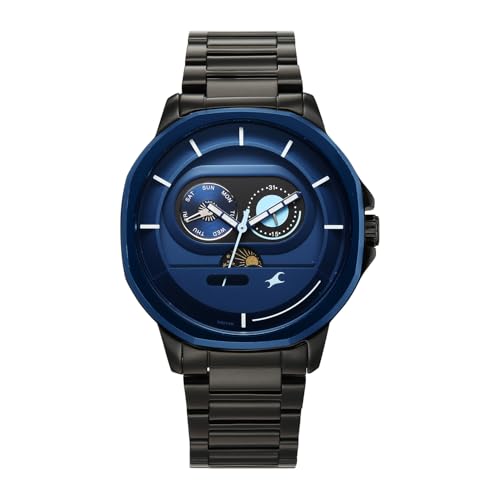 Image of Fastrack Street Opulence Sun Moon Multifunction Quartz Analog with Blue Dial Black Stainless Steel Metal Strap Watch for Men - 3303KM07