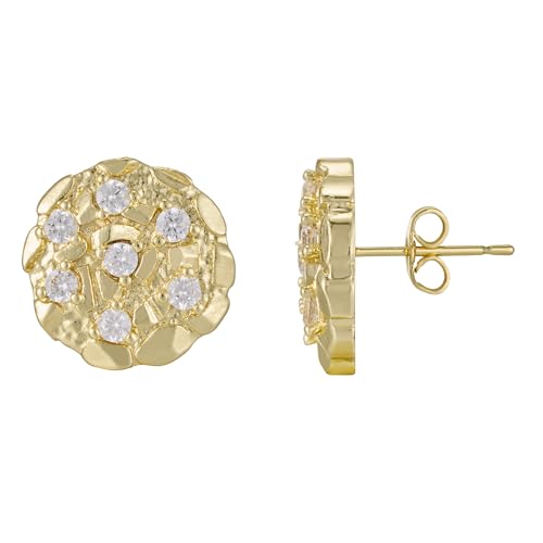 14K Gold Plated Nugget Earrings For Men Women Unisex Round Textured Cookie Nugget Stud Cubic Zirconia Round Shape Earrings Studs Gold