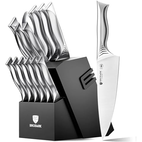 BRODARK Kitchen Knife Set with Block, 15-Piece Knife Block Set with Built-in Sharpener, Stainless Steel Knives Set for Kitchen, NSF Certified Kitchen Knives, Shark Series Cover