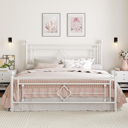 Image of SHA CERLIN 14 Inches King Size Metal Platform Bed Frame /Vintage Iron-Art Headboard and Footboard /Mattress Foundation for Storage /No Box Spring Needed /Noise-Free /Easy Assembly /White