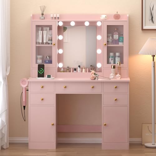 Image of Wodeer Vanity Desk with Mirror and Lights, 43 inch Pink Makeup Vanity Set with 5 Drawers & Glass Cabinets, Makeup Tray, Power Outlet & Adjustable LED Lights, Dressing Table for Women & Girls Bedroom