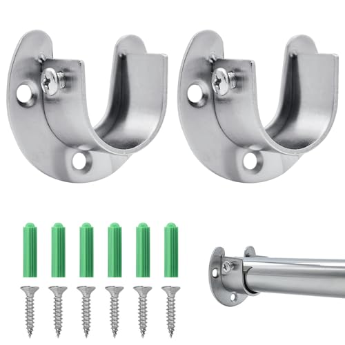 Wardrobe Rail Bracket 2Pcs Wardrobe Pole Brackets 25 mm Stainless Steel Closet Pole Sockets Heavy Duty Curtain Pole Brackets U Shaped Closet Rod End Supports with Screws for Wardrobe Shower Curtain
