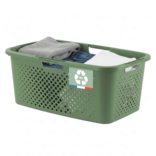 SUNDIS Pixel, panier à linge 40l, en plastique recyclé, vert sauge, 4 poignées latérales, aération sur les 4 côtés