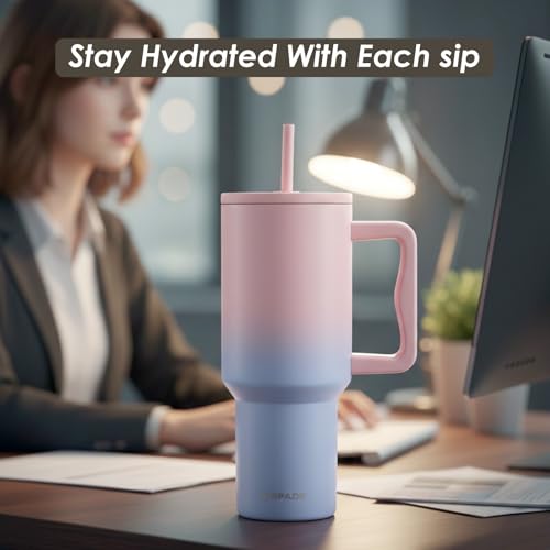 Image of 1200ml Stainless Steel Tumbler Water Bottle with Handle, Straw | Double Insulated Hot & Cold Leak-Proof Sipper Bottle for Coffee, Travel, Gym, Office & Home (Pink)