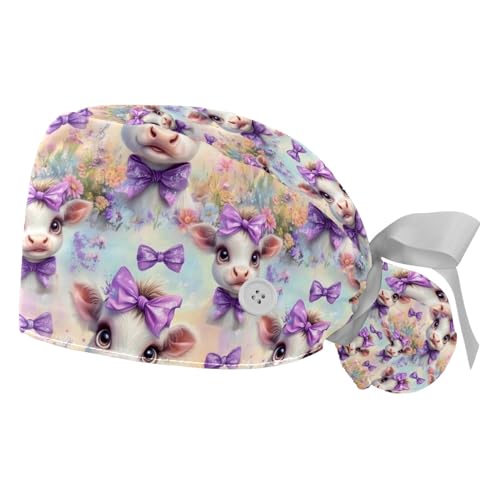 Image of 2 PCS Bouffant Cap with Button Ponytail Pouch Working Cap Sweatband Adjustable Surgical Cap Black and White Cow