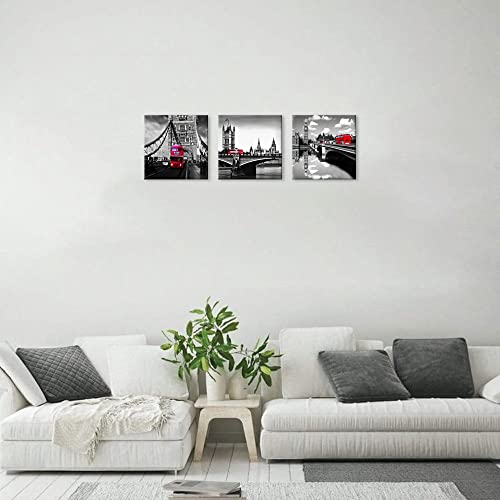 Nan Wind 3 Pcs Modern Giclee Canvas Prints London Black And White With Red Bus Wall Art London Bridge Poster Cityscape Paintings On Canvas Stretched And Framed Ready To Hang For Home Decor #TOP3