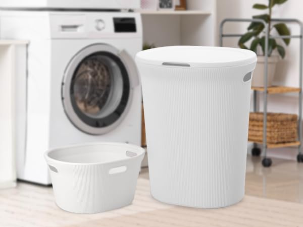 Image of Superio Ribbed Collection - Decorative Plastic Laundry Basket with Cut-Out Handles, White (2 Pack) Hamper Organzier for Bedroom Bathroom College Dorm Room 35 Liter