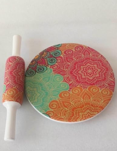 Image of Modern Floral Design Marble Chakla Wooden Belan | Printed 10 Inch Enamel Roti Maker with Belan | Heavy Duty Non-Slip Chakla for Roti, Chapati, Paratha |Kitchen Rolling Board (1 Set) (4.Sun Design)