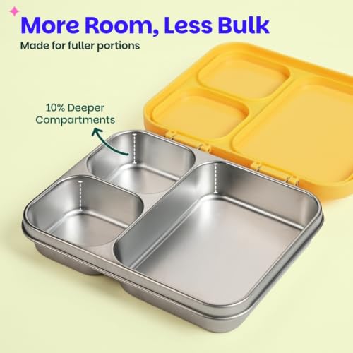 Image of Basil Bento Ace 3C Stainless Steel Lunch Box for Kids | 3 Compartment Leakproof Tiffin Box for Teens & Adults | BPA-Free, Easy-to-Open School Lunch Box | Kitty Party