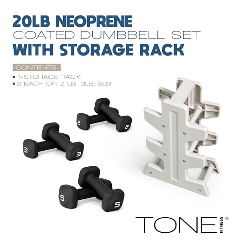 Image of Tone Fitness Neoprene Dumbbell Set with Storage Rack - Non-Slip, Anti-Roll Hand Weights for Home Gym Workouts | 20 lb, 32 lb, 50 lb, 60 lb & 100 lb Options