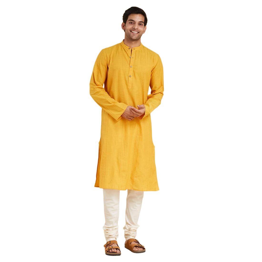 fabindia Yellow Cotton Dobby Slim Fit Long Kurtas-picture-51