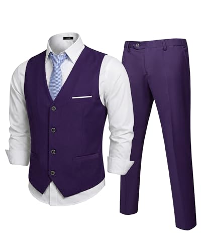 YND Mens 2-Piece Suit Vest Pants Set for Men Classic Waistcoat with Tie for Business Wedding Prom Homecoming Dark Purple
