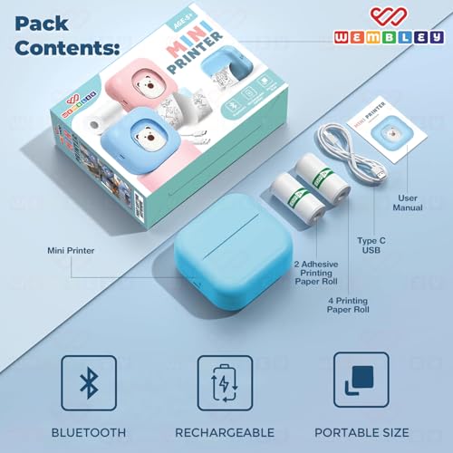 Image of Wembley Mini Bear Themed Thermal Printer| Portable, Wireless & Rechargeable| Safe & Ink-Free Color Printer for Kids Age 5+| Print Anytime, Anywhere (Blue)