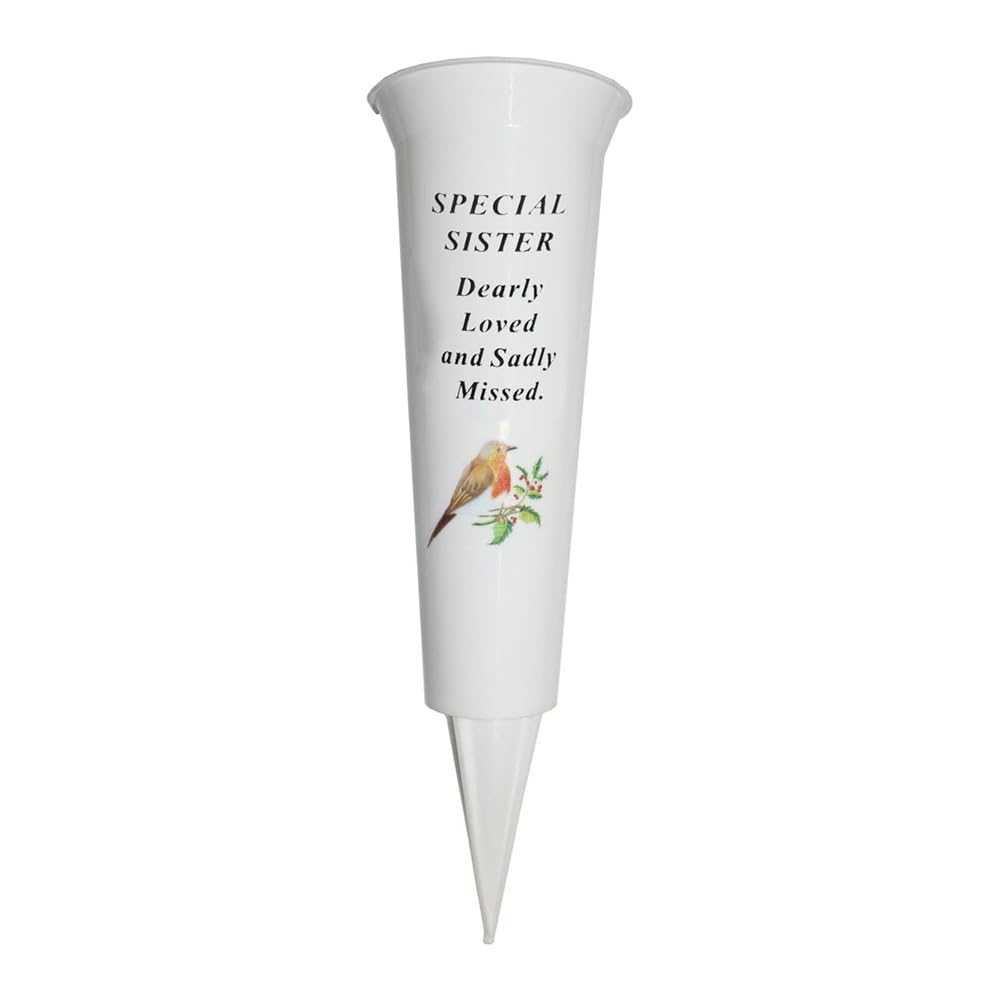Plastic Flower Holders/Memorial Grave Vases Ornaments - Spike Flower Grave Vases for Grave Decoration with Engraved Funeral Verses for Your Loved Ones -With White Spike and Robin Image (Sister)