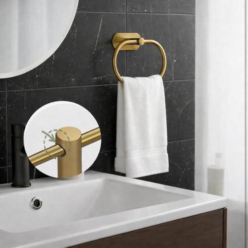Image of Oslen Magic Sticker Towel Ring Holder for Bathroom - Self Adhesive Wall Mount Hand Towel Hanger Without Drilling, Brushed Antique Brass Gold Finish, Rustproof Stainless Steel (Pack of 1)