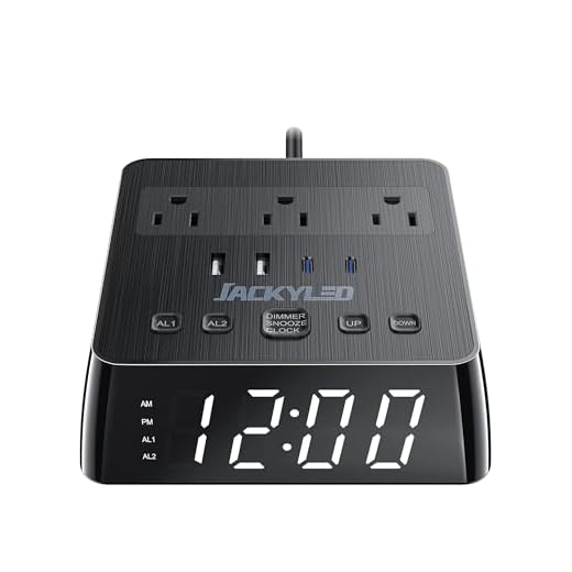 JACKYLED Alarm Clock with 4 USB Chargers Power Strip 3 Outlets 1700J Surge Protector Nightstand Dimmable Digital Clock with Dual Alarm and Snooze Function for Bedroom, Full Screen LED Display
