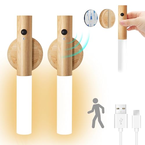 HELLYMOON Holz Wandleuchte mit Bewegungsmelder Innen, USB Aufladbar Innen Wandlampe Schrankleuchten, Warmweiß Kabellos Akku Led Wandleuchte Innen mit Schalter für Schlafzimmer, Flur, Treppenhaus