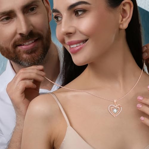 Heart Pendant Necklaces for Women 14K Rose Gold Plated with Birthstone Zirconia,Christmas Birthday Anniversary Jewelry Gift for Women Wife Her 18+2 inch4