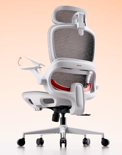 SIHOO B100 Office Chair, Comfy Ergonomic Office Chair, High Back Computer Chair with Adaptive Lumbar Support & Wide Headrest, Flip-up Armrests, Swivel Desk Chair for Long Hours,White