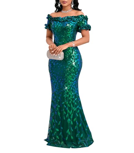 Image of dasmzper Women Sexy Sequin Off Shoulder Ruffle Short Sleeve Bodycon Mermaid Party Formal Evening Maxi Dress